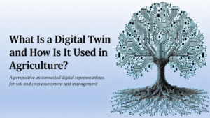 “What Is a Digital Twin and How Is It Used in Agriculture?” with a circuit-board tree representing connected soil, crop, and data systems.
