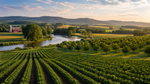Rows of crops, orchard trees, a river, barn, and rolling farmland under morning light.