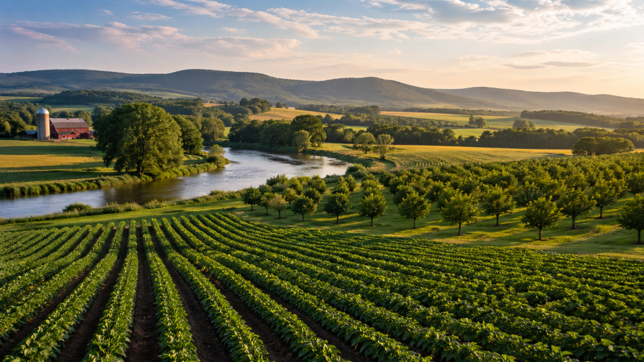 Rows of crops, orchard trees, a river, barn, and rolling farmland under morning light.